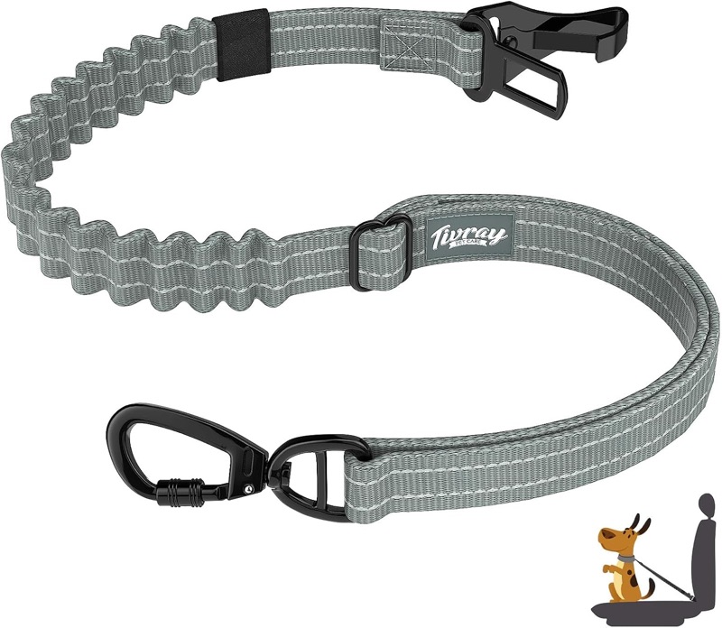 Dog seat belt with elastic bungee buffer.